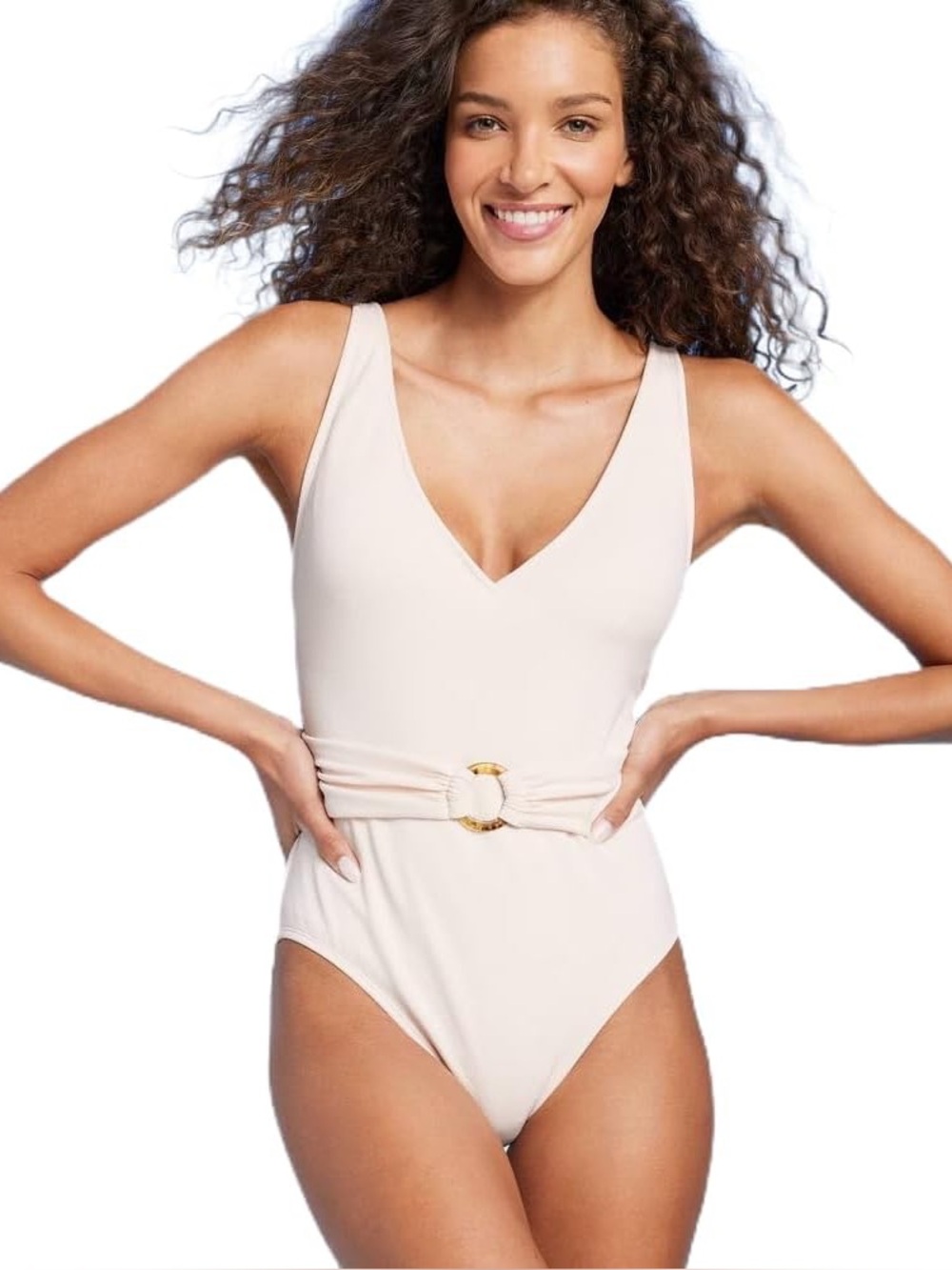 Shade & Shore Cream Crepe Belted V-Neck One Piece Swimsuit Size S (4-6)